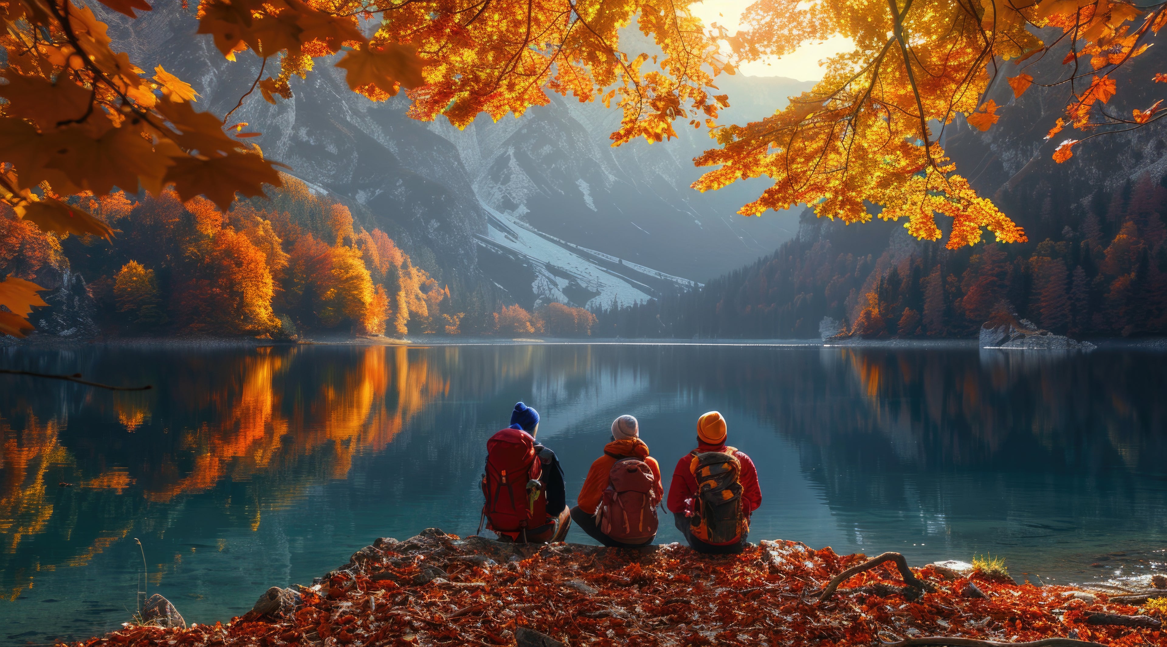 Camping-hiking 3 people sitting in fall season on edge of lake